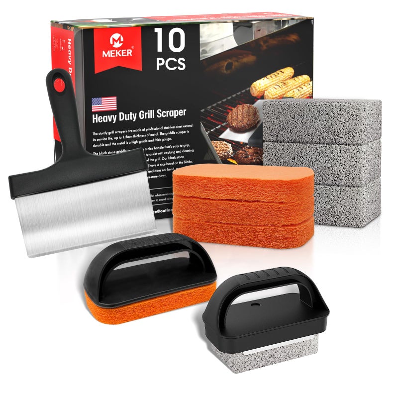MEKER Griddle Cleaning Kit for Blackstone  Flat Top Grill Cleaning Kit with Grill Stone  Upgraded Scouring Pads & Griddle Scraper & Griddle Brush with Handle - Easy to Remove Stain (10 PCS) - Image 1